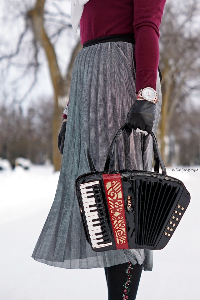 Winnipeg Style Fashion Stylist, Fashion Consultant, Bag Me Baby womens handbag purse Accordian bag, novelty musical instrument, Chicwish womens fashion skirt silver metallic pleated midi skirt, Arzie bunny enamel pin, flare game, pin game, New York Company NY and C faux fur collar accessory, fun winter fashion, Chie Mihara Tania black womens shoes Leather Made in Spain mary janes